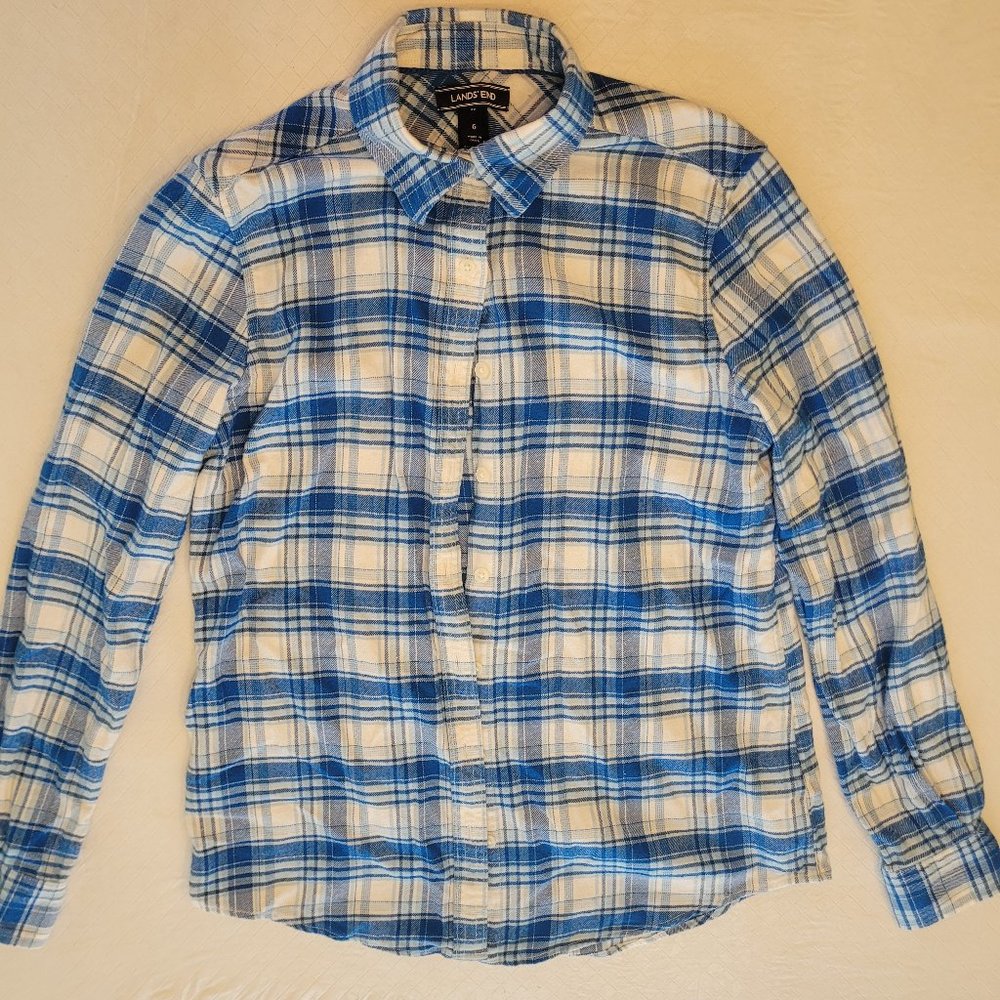 Button Up Shirt Lands' End Women Casual Plaid Long Sleeve Blue flannel